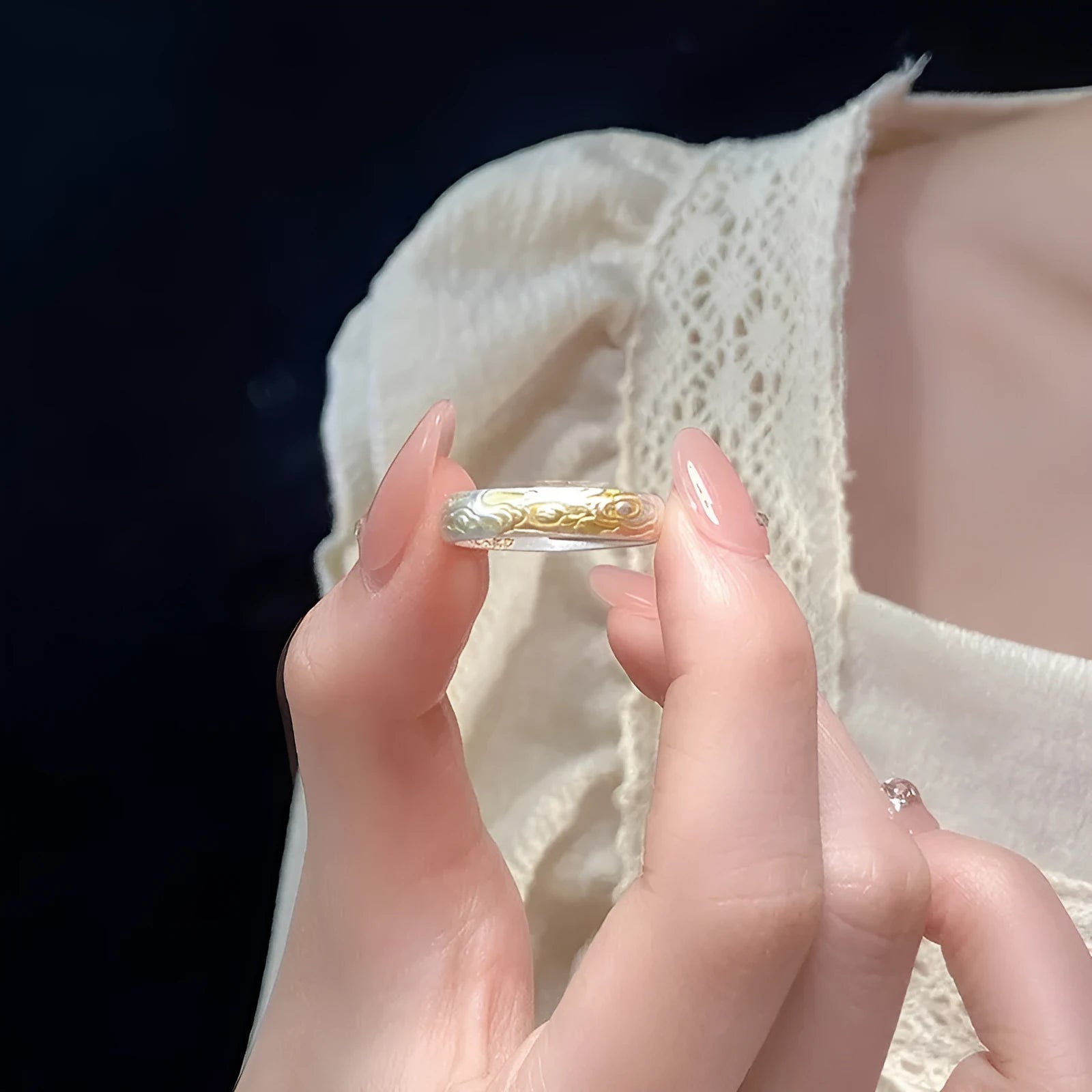 White copper open mouth ring with J14 Xiangyun geometric pattern and silver gold electroplated finish