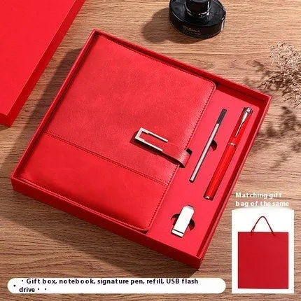 A5 business notebook with PU leather cover in brown, black, green, blue, or red, alongside a luxury gift box.