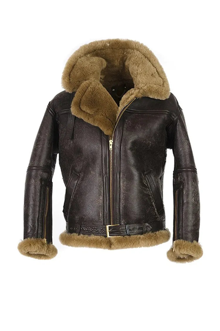 Brown synthetic leather fur coat with side pockets and straight hem design