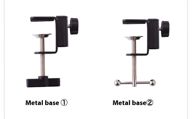 Black foldable metal desktop cantilever bracket with tablet clip extended to mounting position