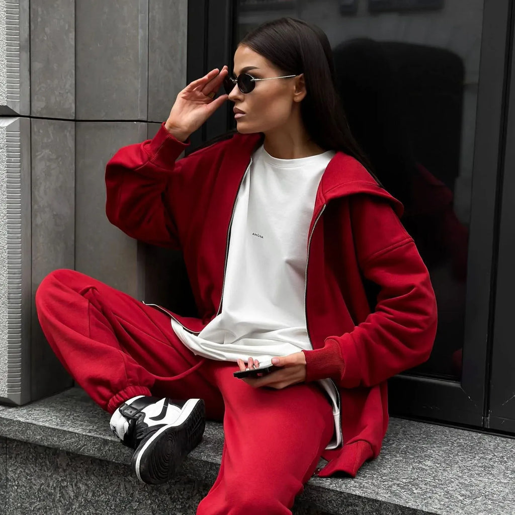 Women's street style long-sleeved coat and trousers two-piece set in solid colour
