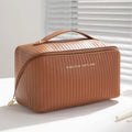 Vertical pattern pillow makeup bag in cubic shape, PU material, shown in available colours.