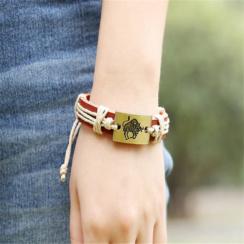 12 constellation alloy bracelet set with braided hemp rope and copper leather in vintage style, twelve colours