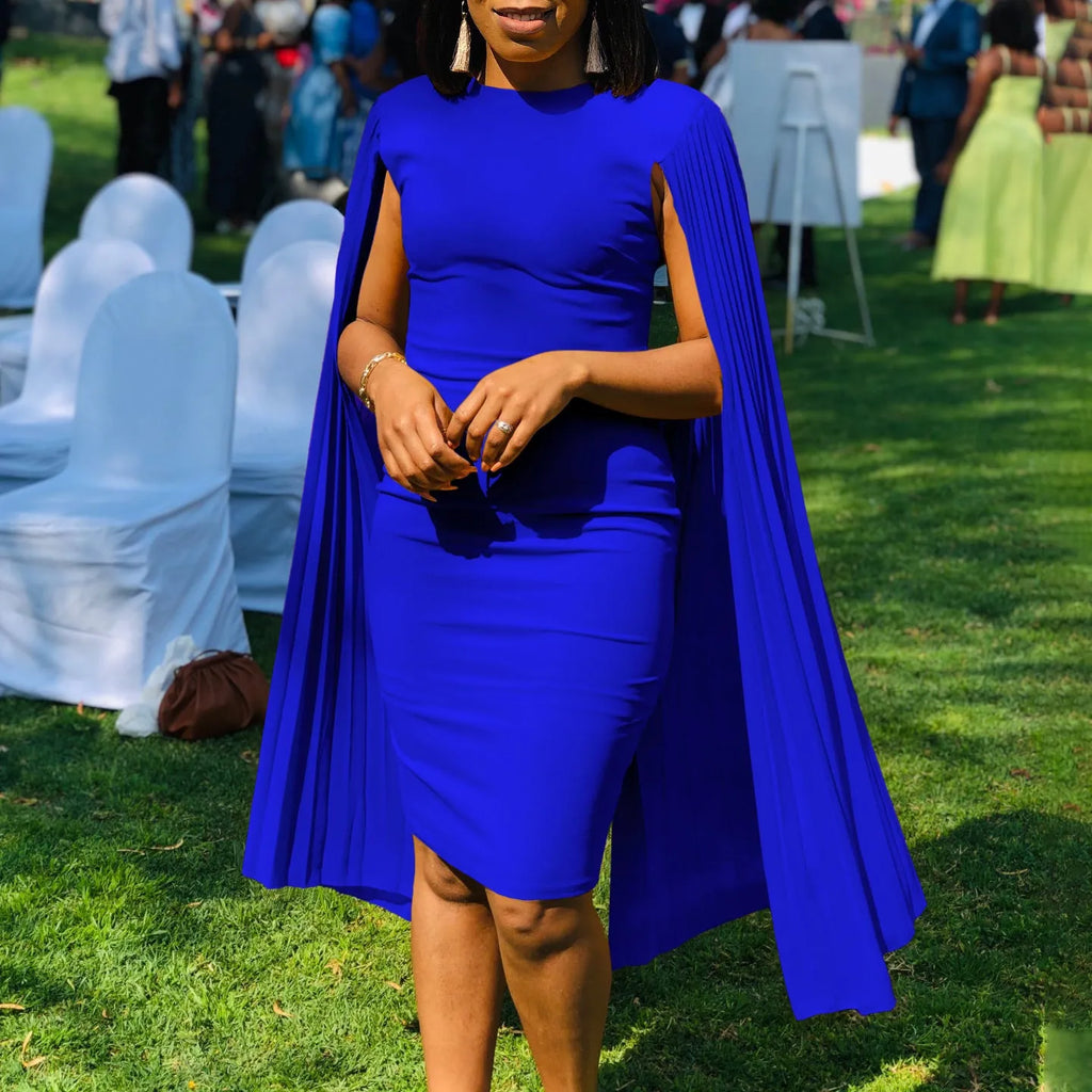 Round neck pleated evening dress with attached shawl in long sleeve high-waist design