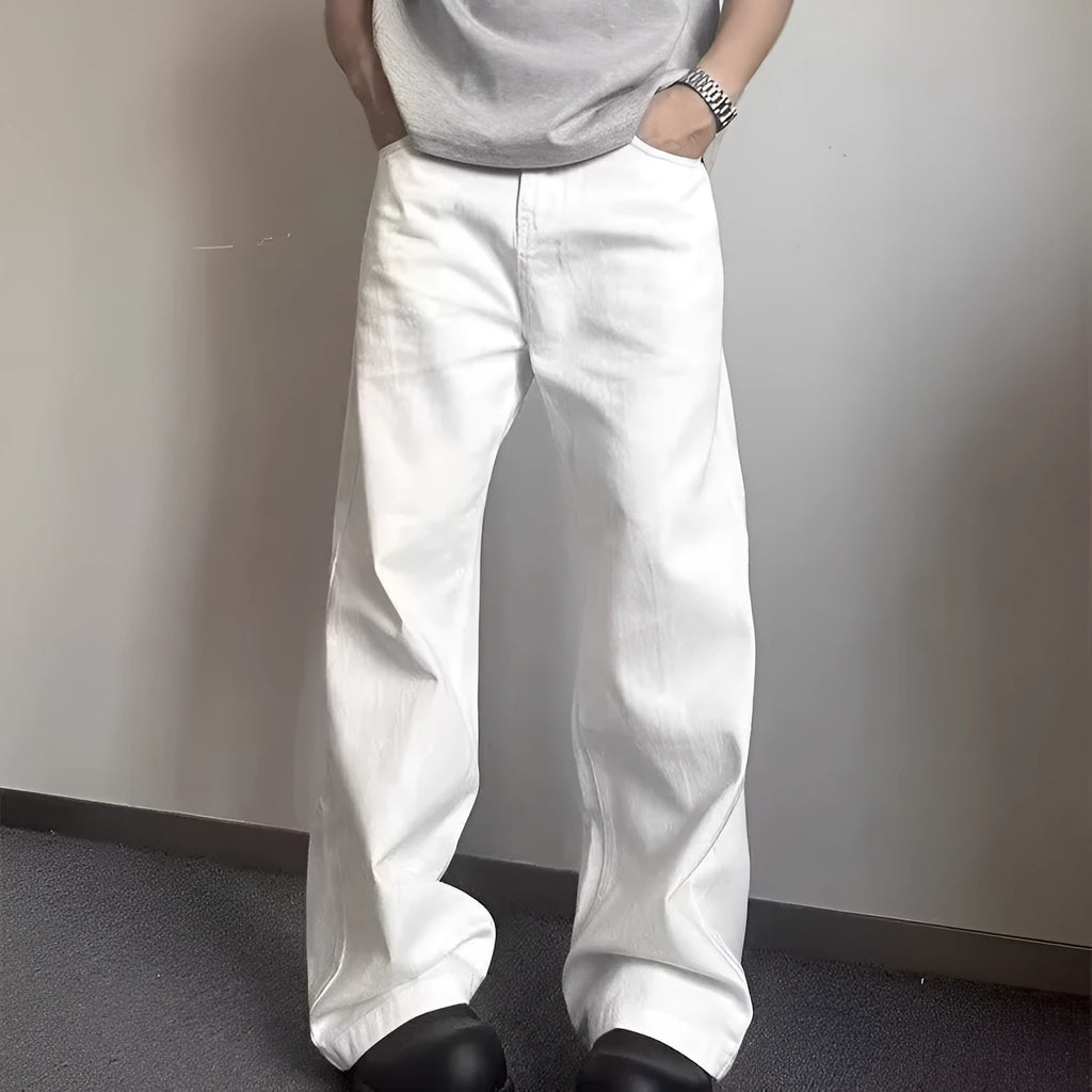 Men's straight leg white cotton denim jeans with wide leg opening and zipper fly