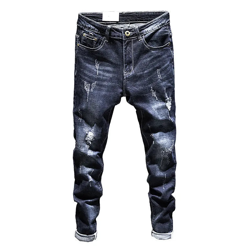 Men's slim-fitting skinny jeans in dark blue and light blue denim with micro elasticity