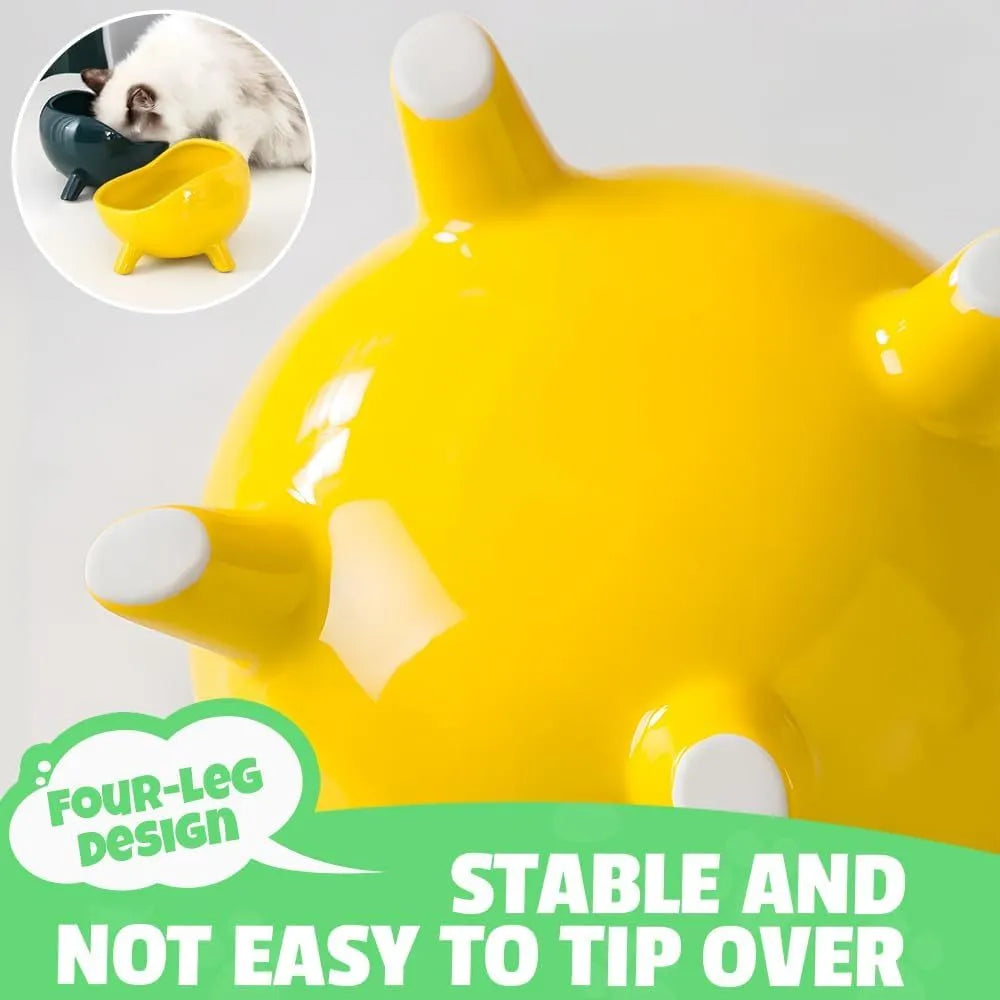 Ceramic pet bowl with four legs, wide mouth, and rounded arc design in green colour