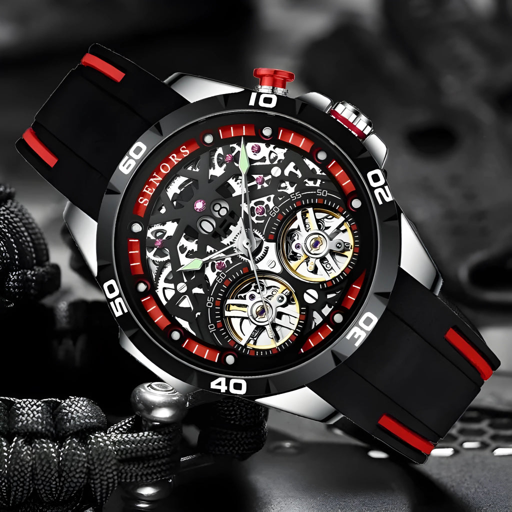 Men's automatic mechanical watch with luminous hollow skeleton dial in red colour option showing 14mm thick case