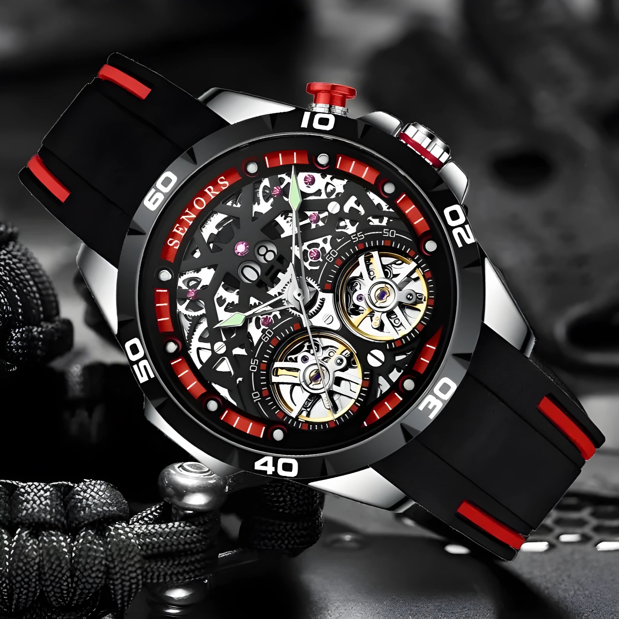 Men's automatic mechanical watch with luminous hollow skeleton dial in red colour option showing 14mm thick case