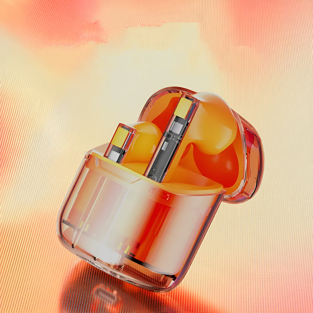 YX06 transparent TWS wireless headphones in black, white, green, and orange colours with charging case.
