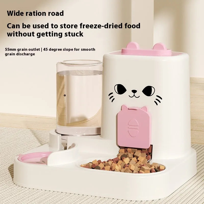 PP plastic cat feeder with integrated water and grain compartments in gray cat face design
