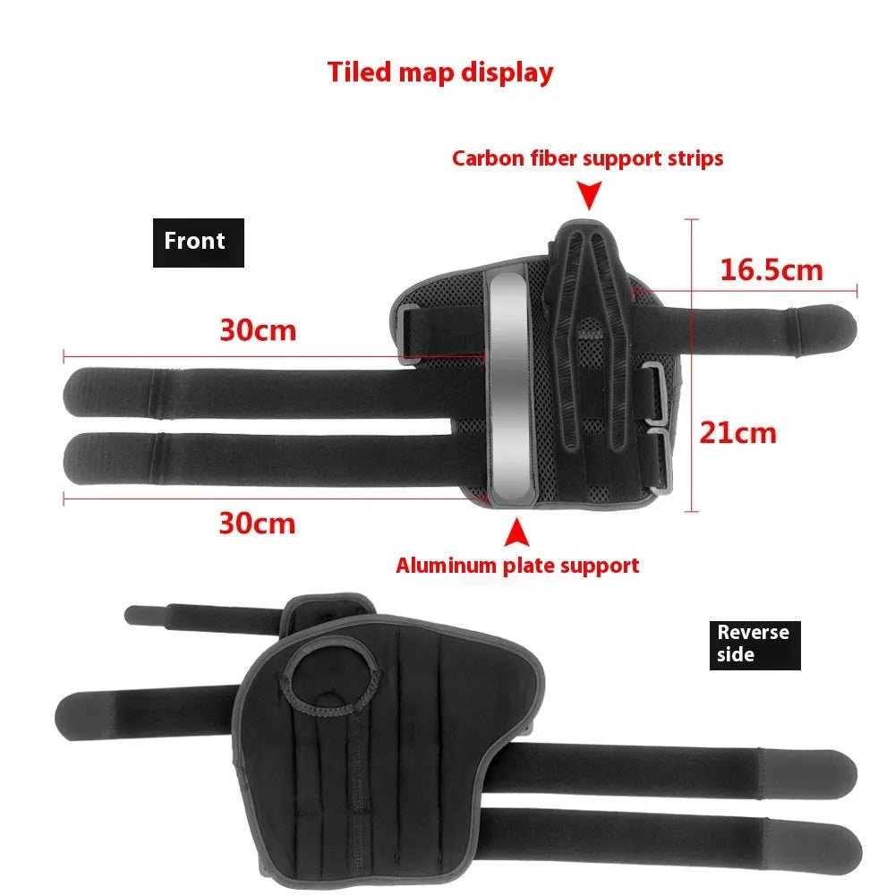 Black carbon fibre sports wrist guard with thumb strap and grey edging for left or right hand wear