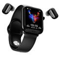 Black smartwatch with Bluetooth earbuds and charging case on a 1.69-inch touchscreen display.