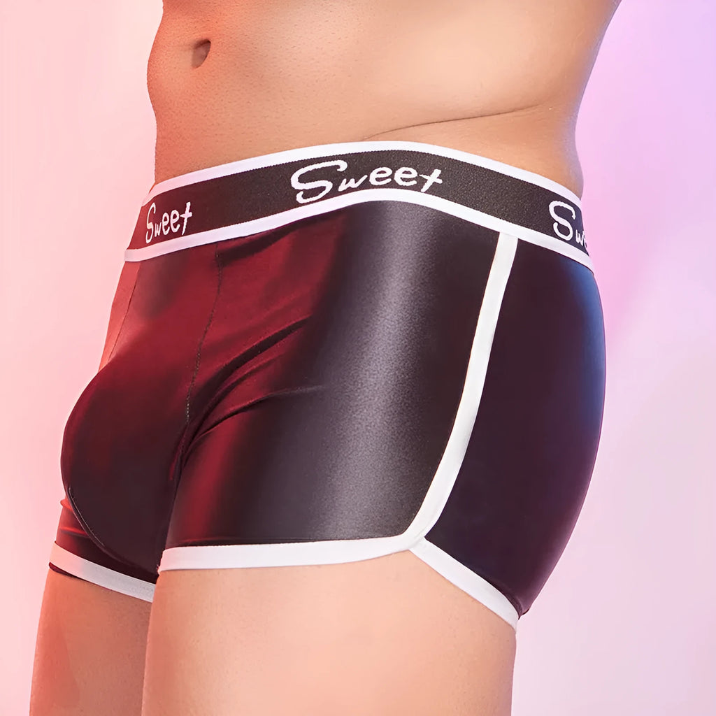 Men's shiny silky nylon boxers in black, white, and sapphire blue colours showing free size fit
