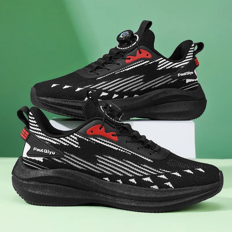 Men's white green rotating buckle fly-kit mesh casual sports running shoes with TPU sole