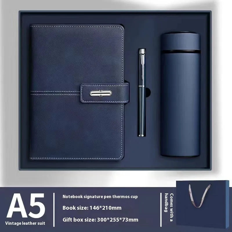 A5 notebook with PU leather cover in one of six colour options, showing wood-free paper inside.