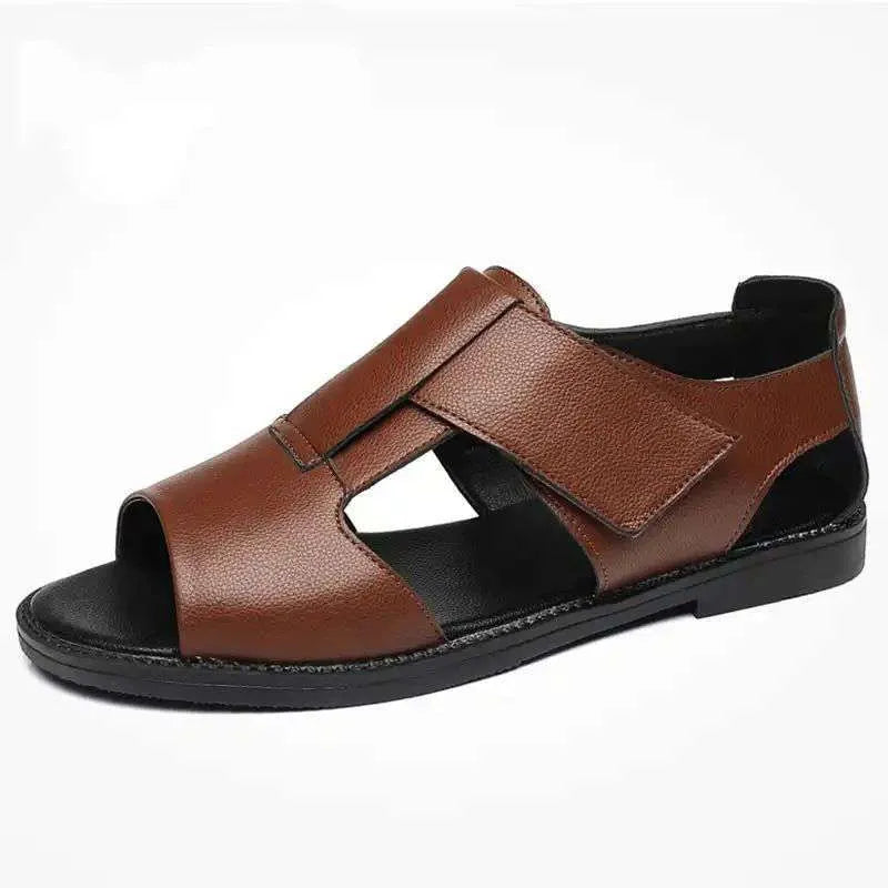 Men's black and brown leather casual sandals with open-toe design and rubber sole