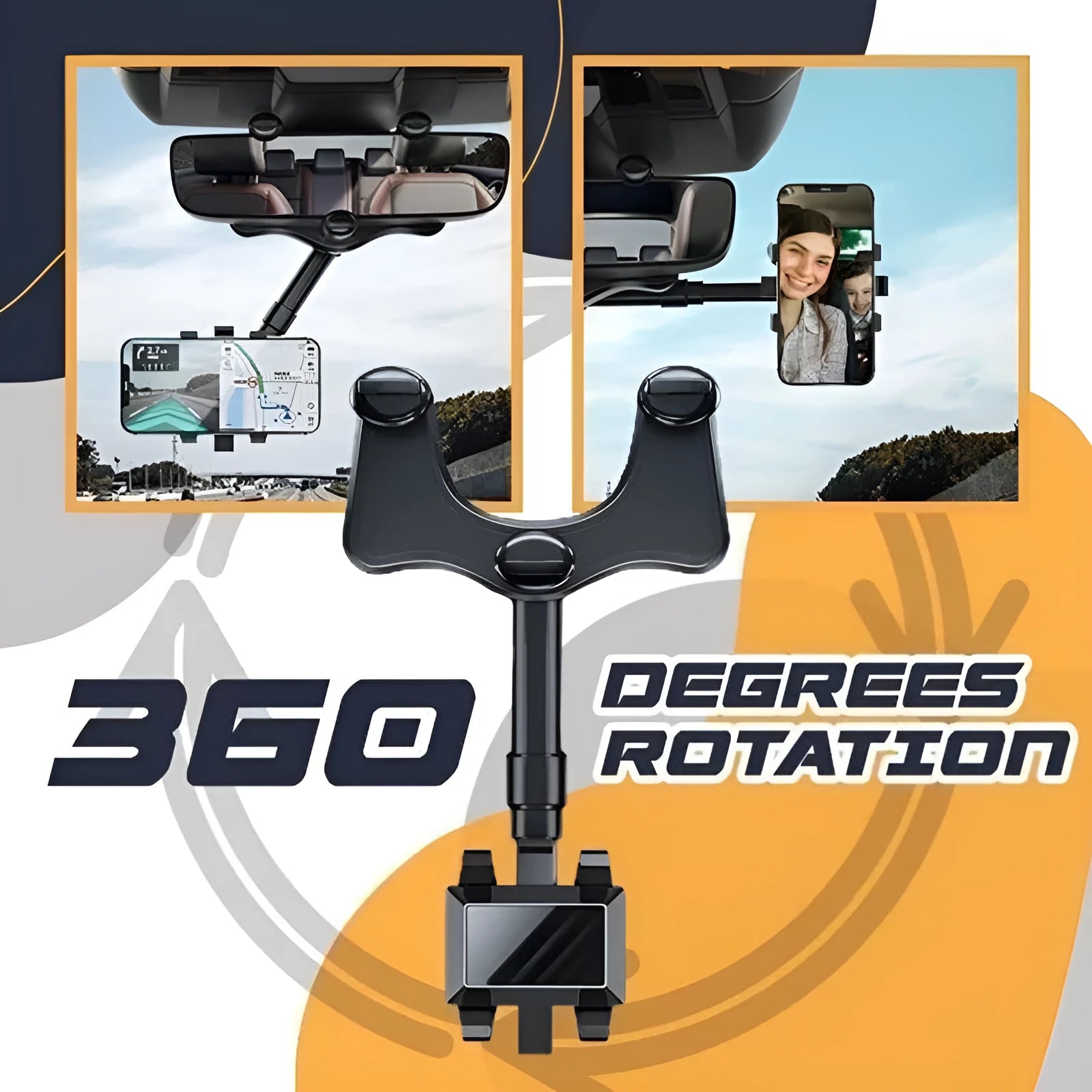 Black rearview mirror car phone holder with 360-degree rotation and retractable arm