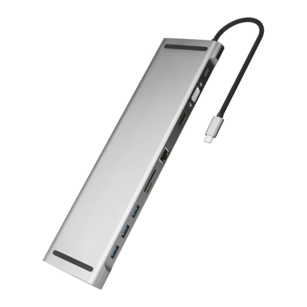 Grey aluminium alloy laptop docking station cooling bracket with ten-port connectivity hub.
