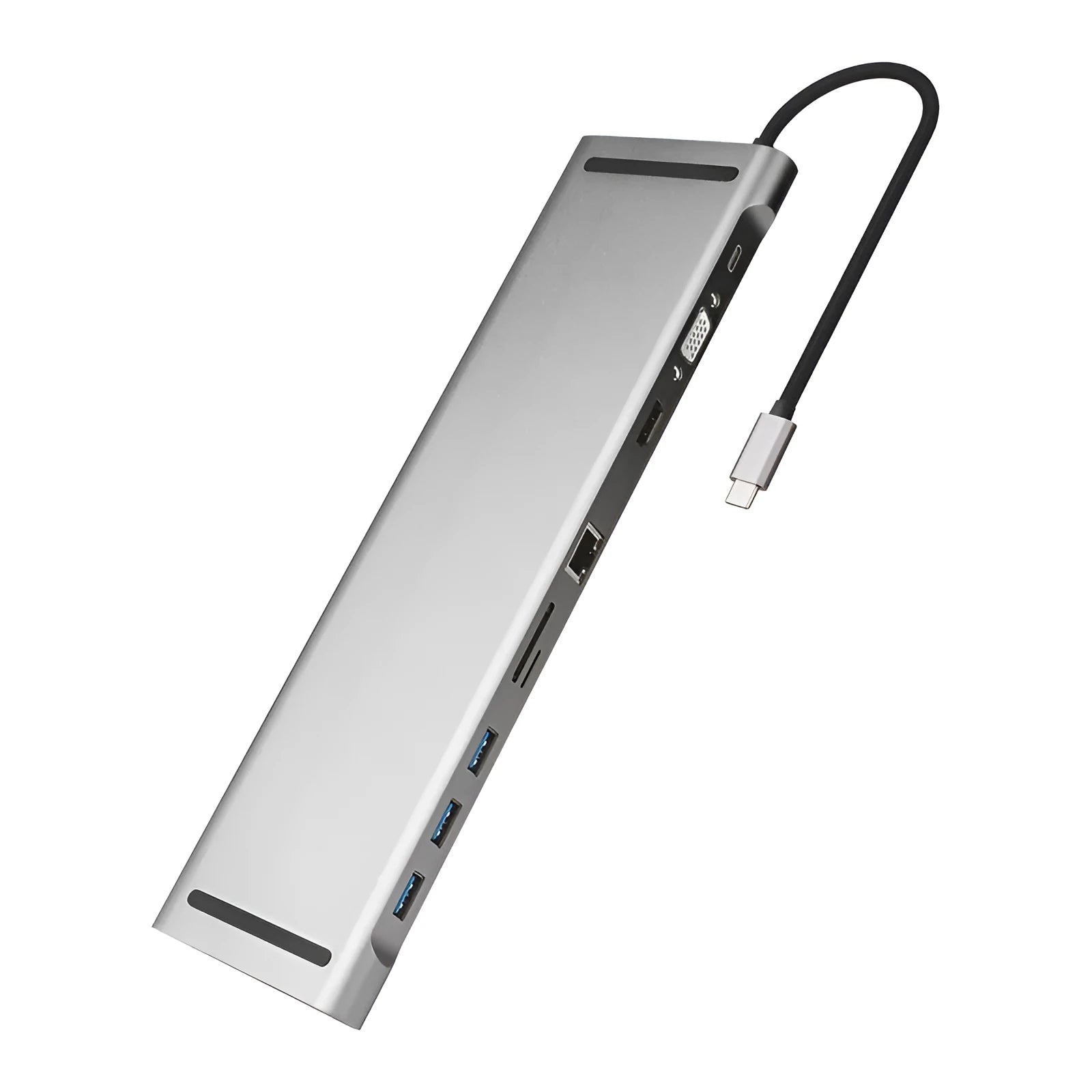 Grey aluminium alloy laptop docking station cooling bracket with ten-port connectivity hub.