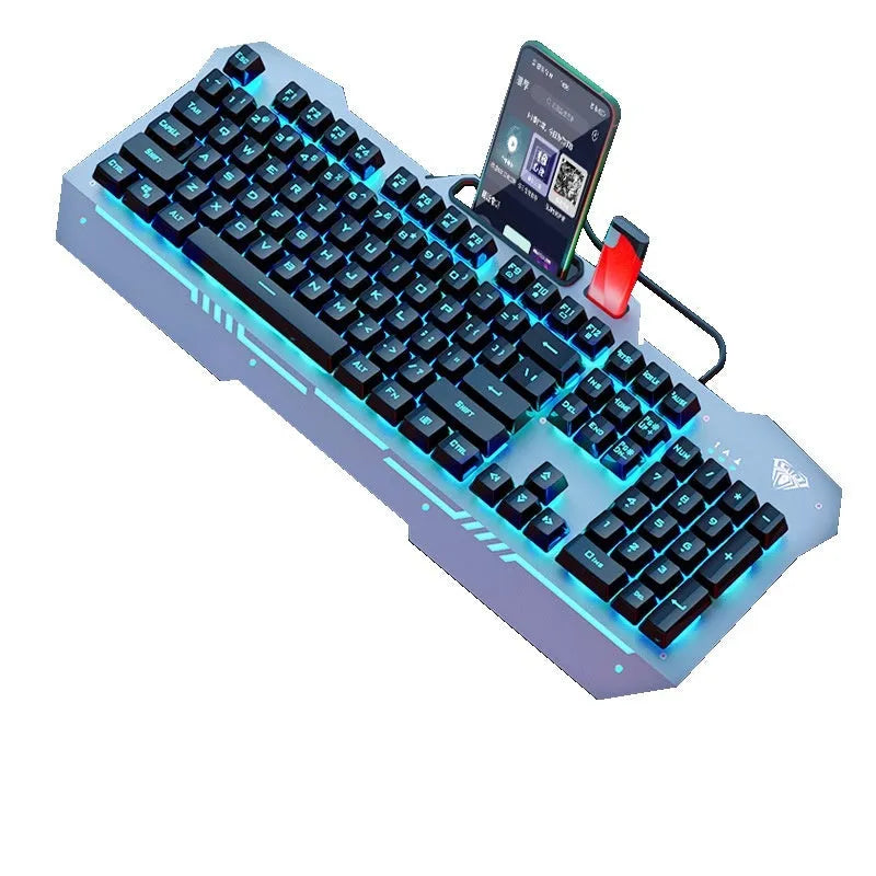 Metal gaming bundle showing mechanical keyboard with RGB lighting, matching mouse, and headset in black colour scheme