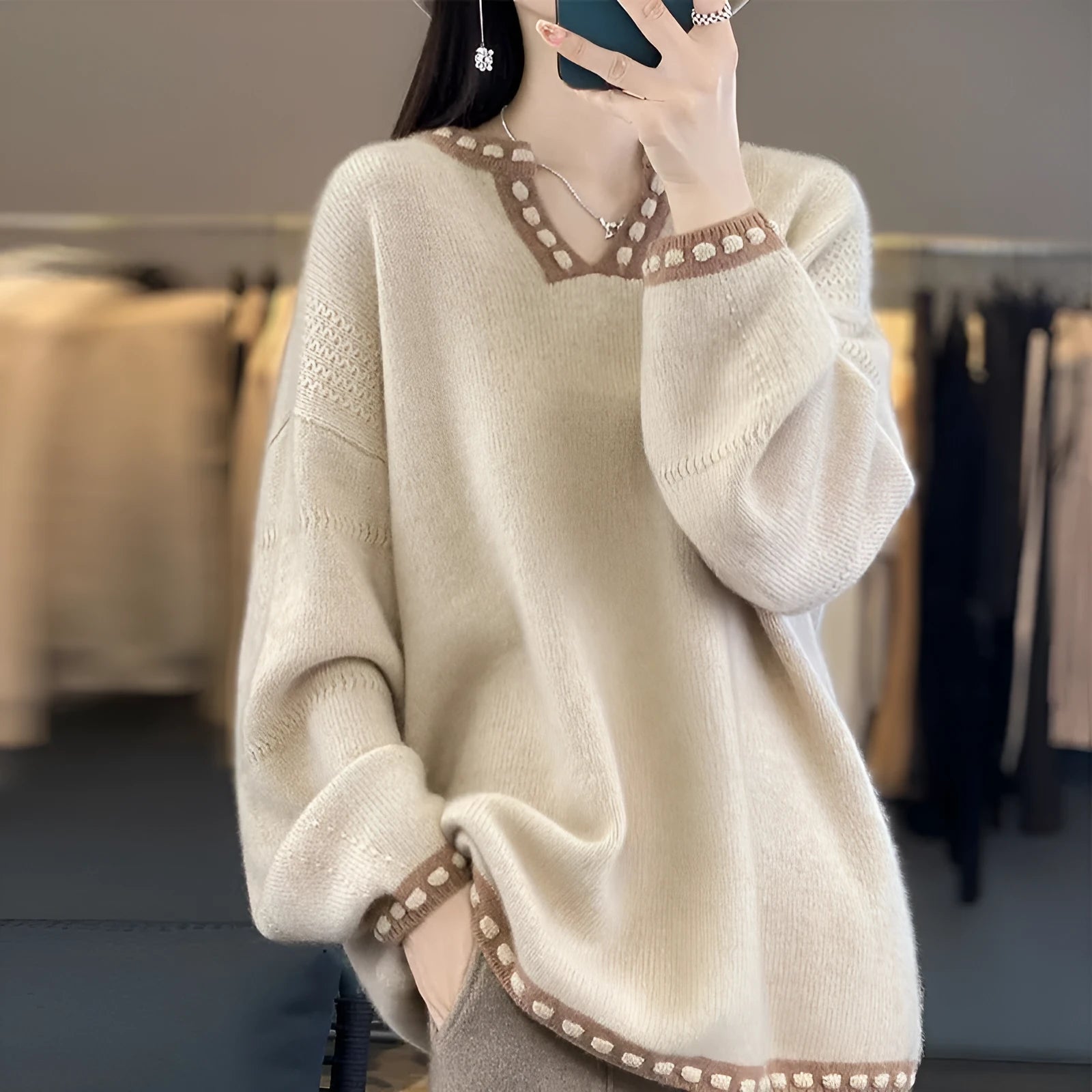 Women's camel coloured V-neck viscose fibre sweater with long sleeves