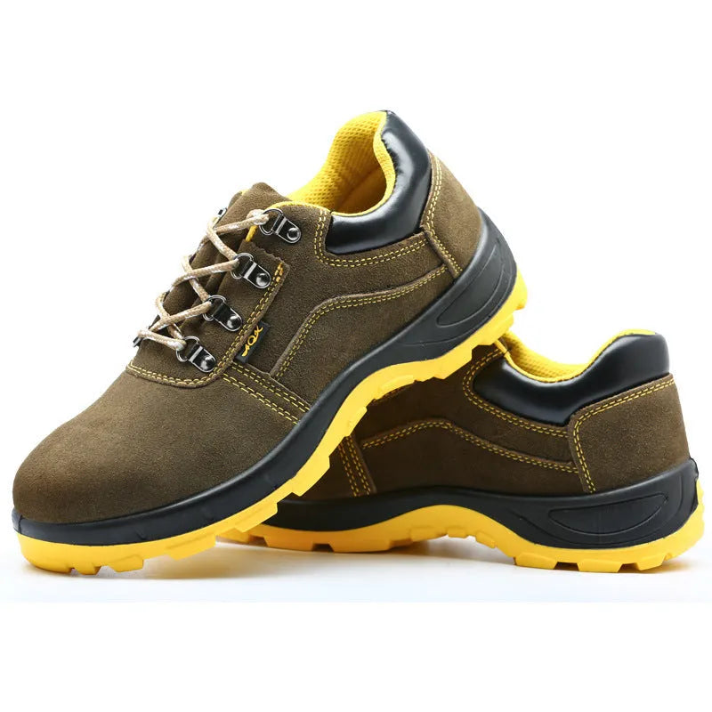 Bronze coloured cow suede leather safety boots with a steel toe cap on a non-slip sole.