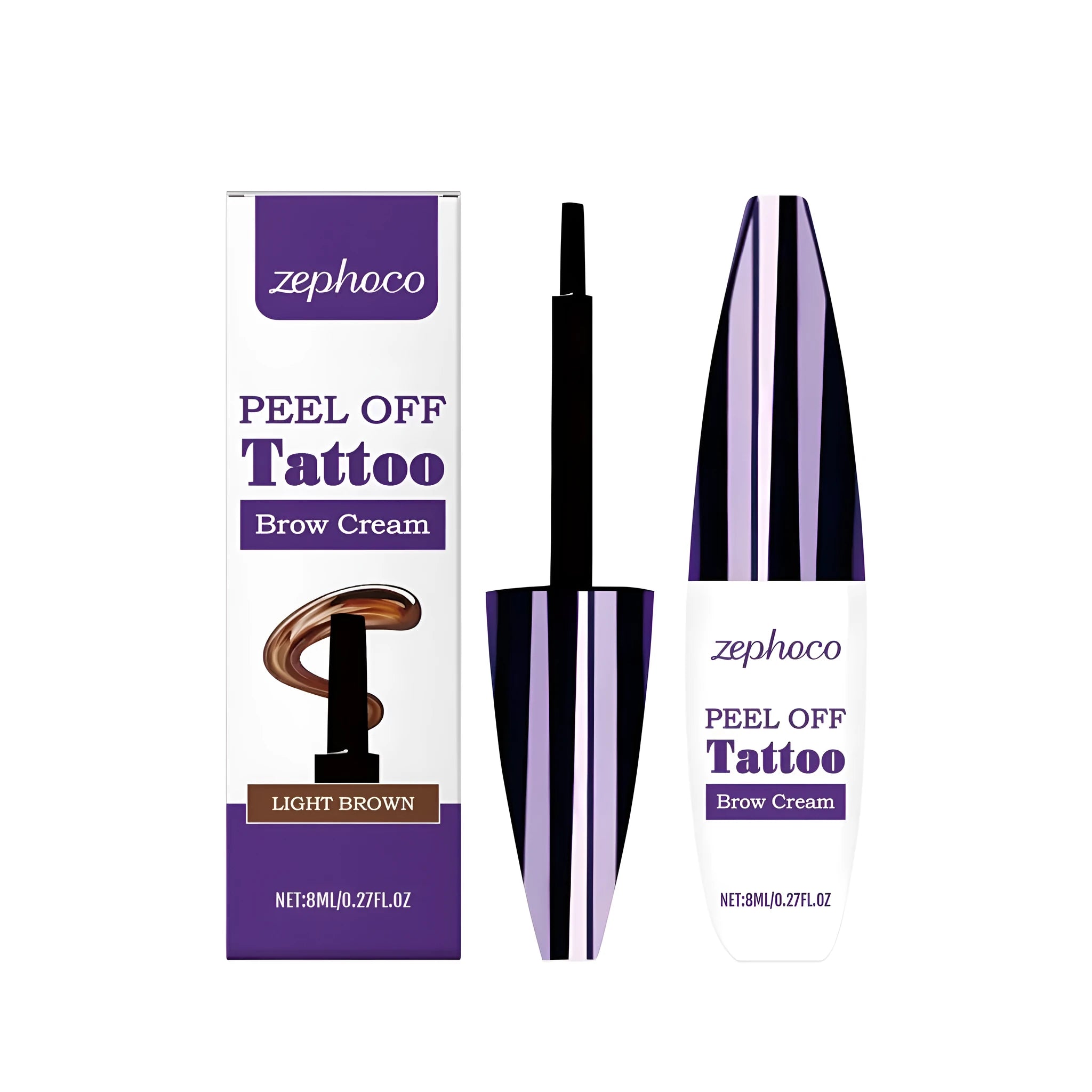 Tearable packaging liquid eyebrow pencil in shades Black, Brown, and Light Brown.