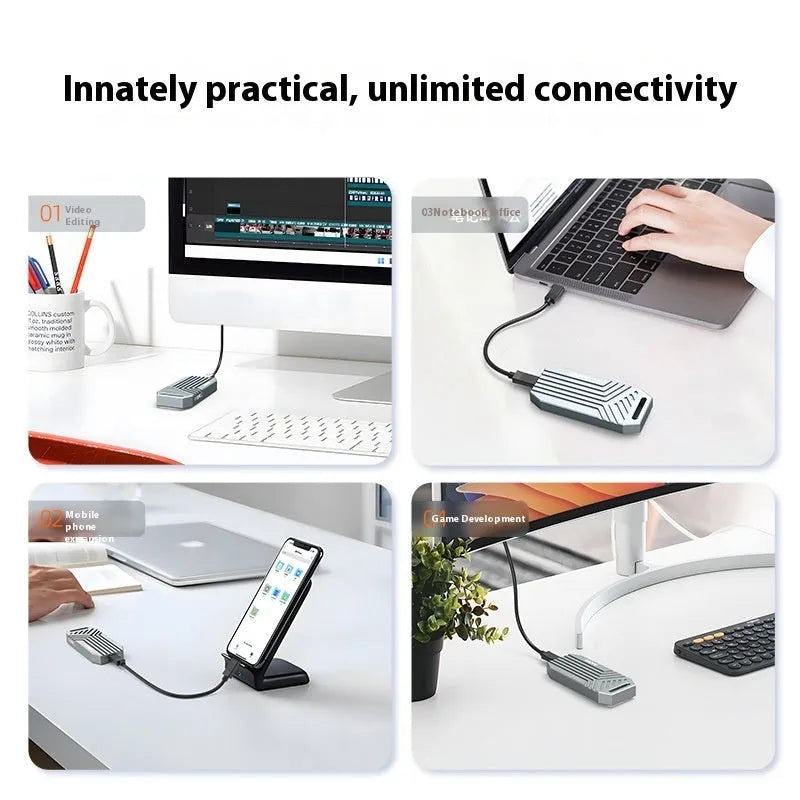 Aluminium alloy Thunderbolt 4 external SSD case for M.2 drives in grey or silver, showing slim 50mm profile.