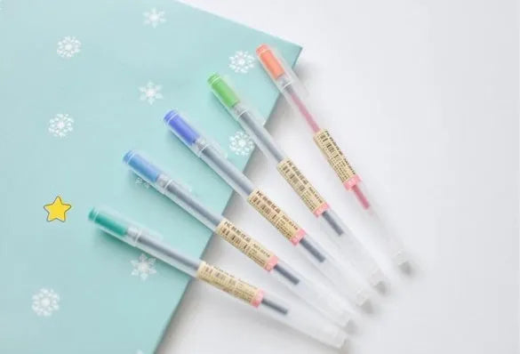Set of 12 gel pens with 0.5mm fine nibs, showcasing ink control mechanism design.