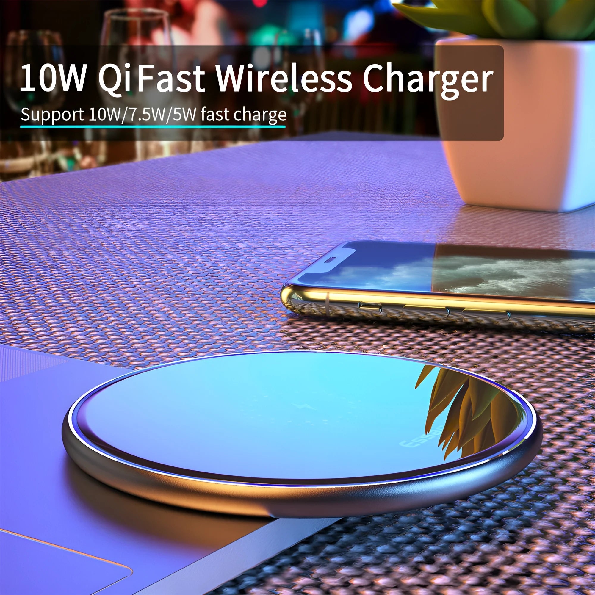 Black or white aluminium alloy wireless charging pad with LED status light, shown with a smartphone on top.