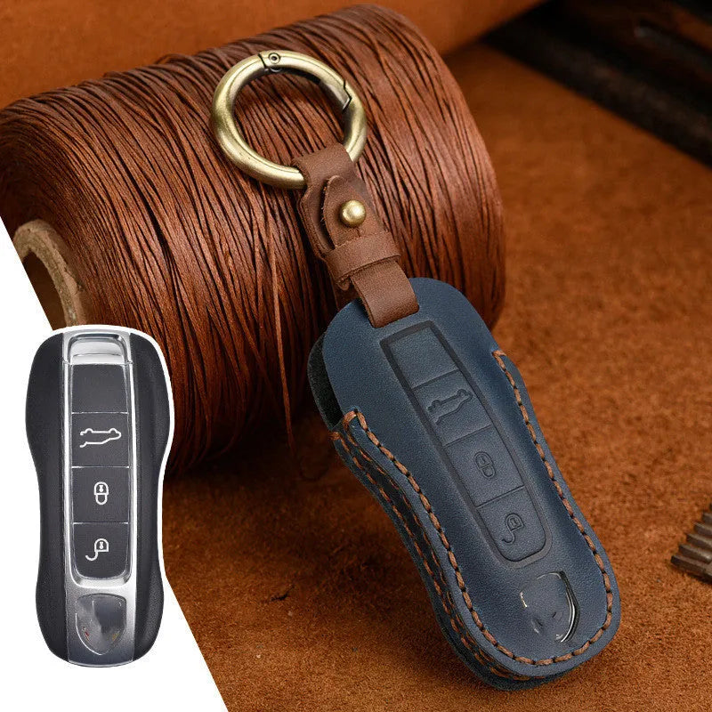 Genuine leather Porsche key cover with retro bag buckle in blue or brown for 3 or 4 keys