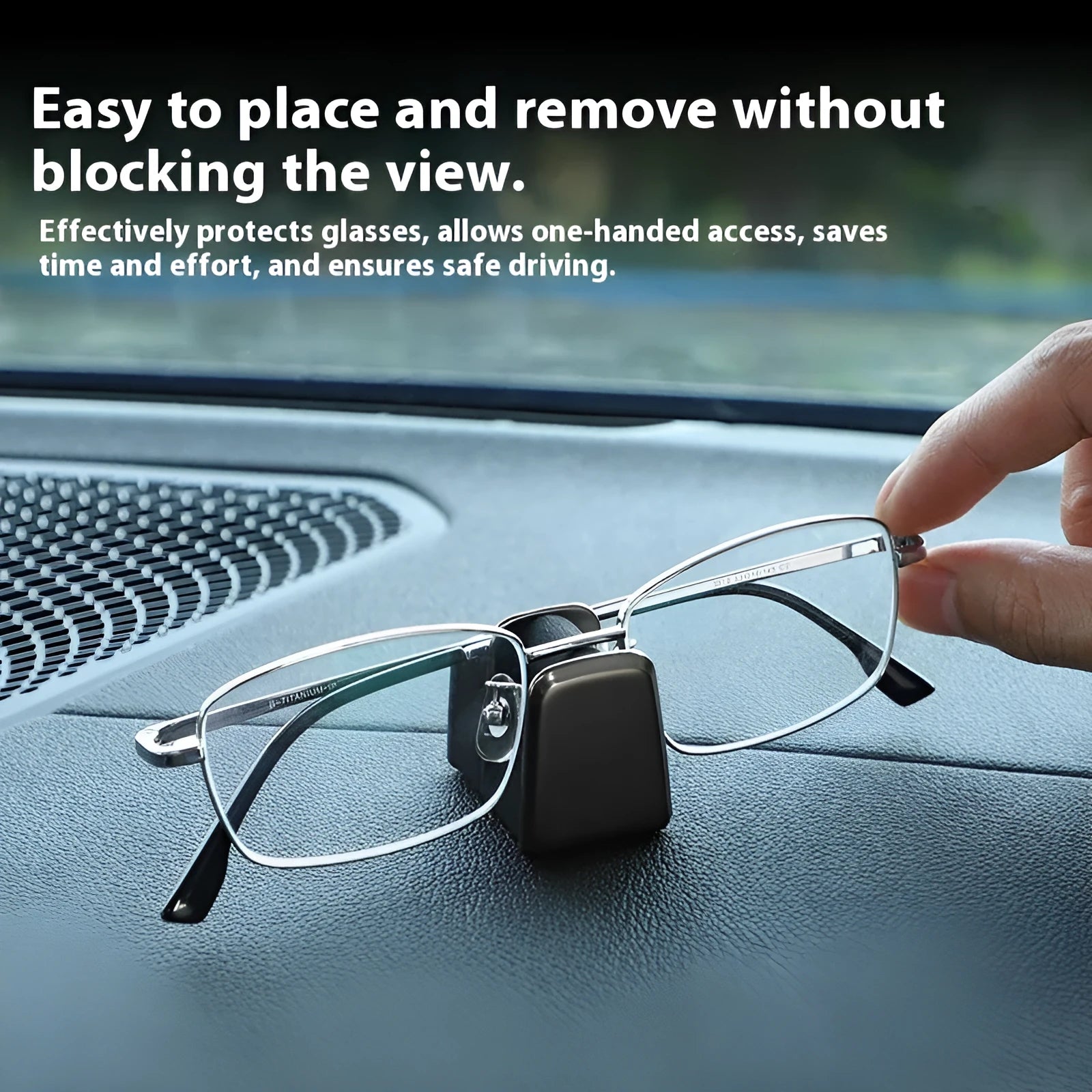 Zinc alloy and leather car dashboard clip for holding sunglasses, shown in green colour.