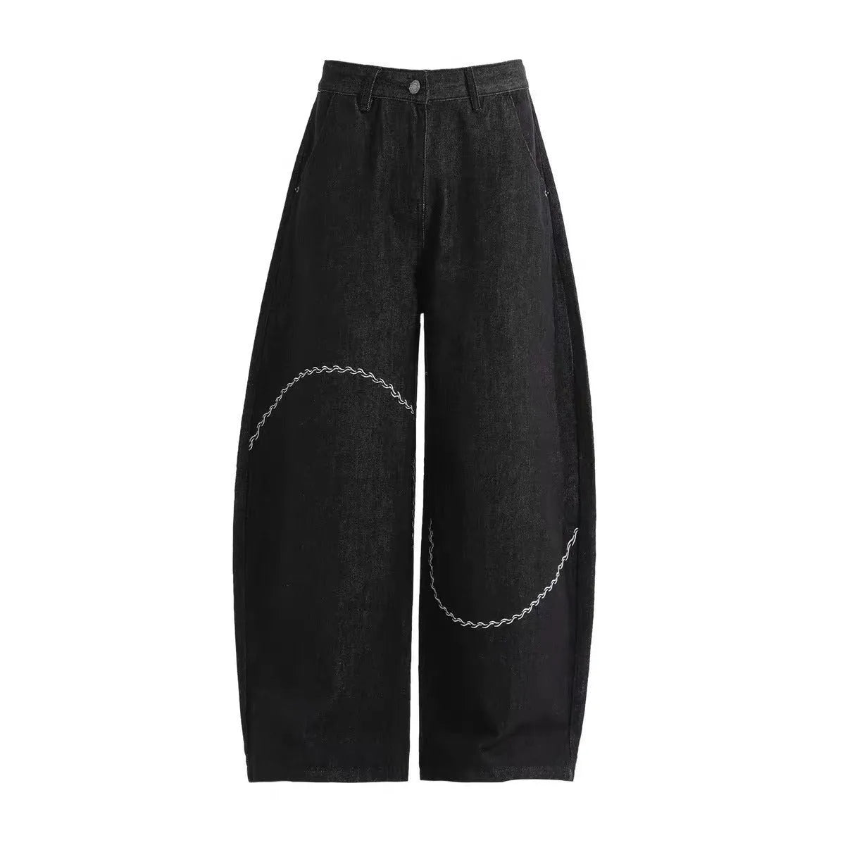Black straight-leg denim trousers with micro-elastic fabric and mid-waist zip fly