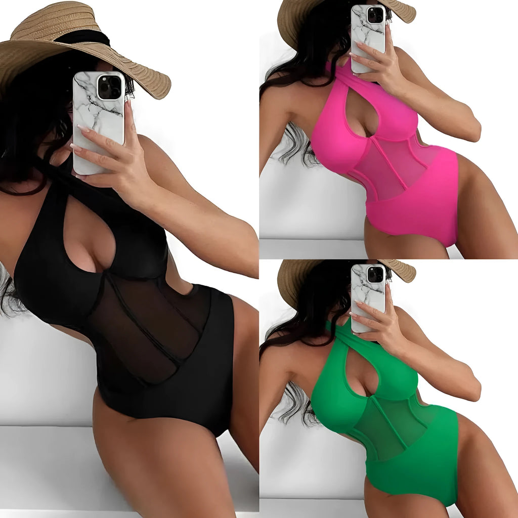 Women's black one-piece spun yarn swimsuit with nylon and spandex construction