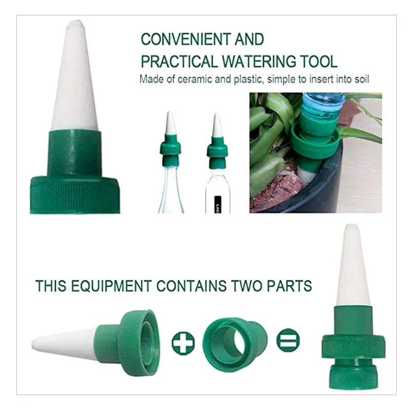 Green ceramic dripper device for attaching to cola bottles for automatic plant watering
