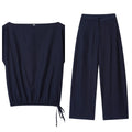 Women's linen-blend shirt with flounced sleeves and matching wide leg trousers in a two-piece commute wear set