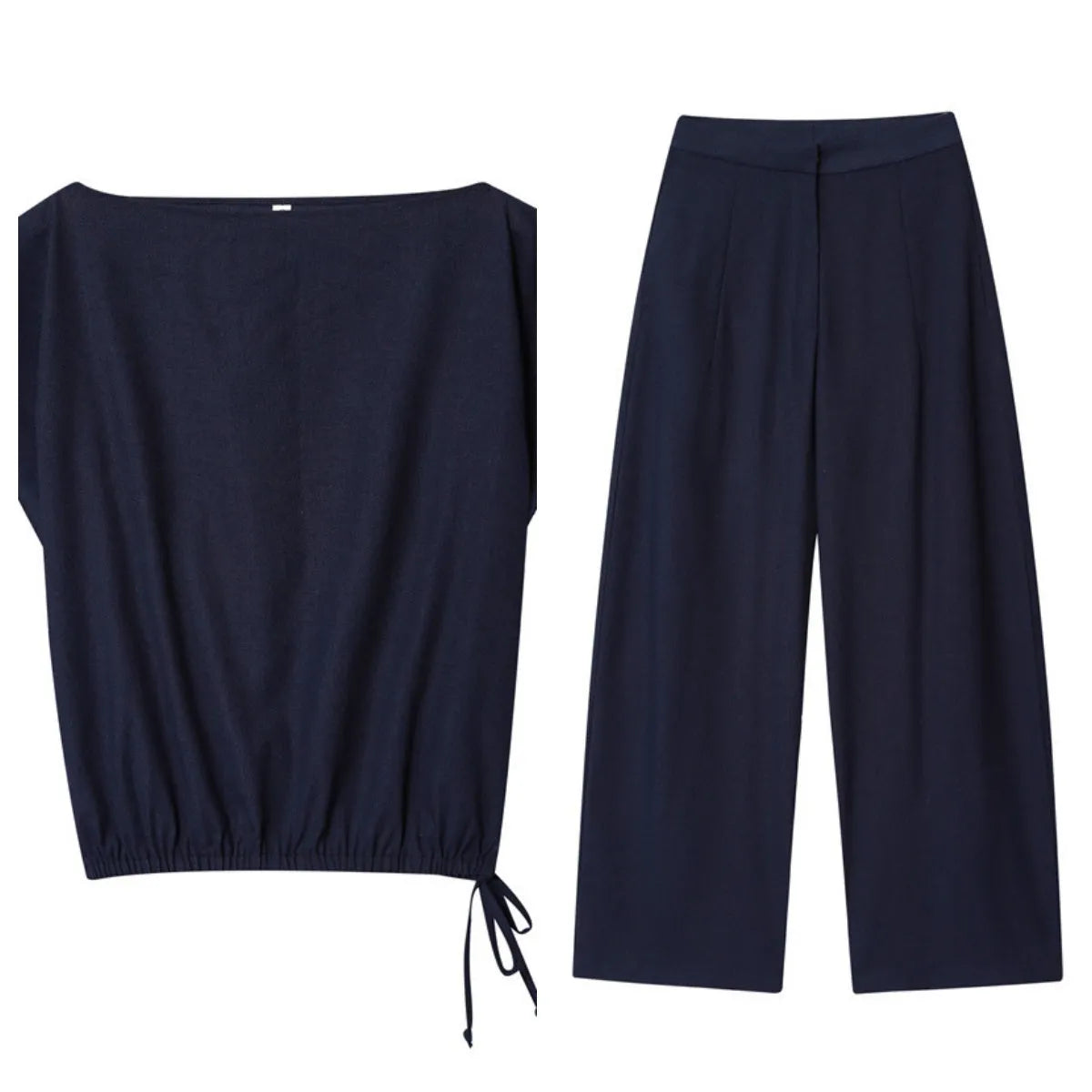 Women's linen-blend shirt with flounced sleeves and matching wide leg trousers in a two-piece commute wear set