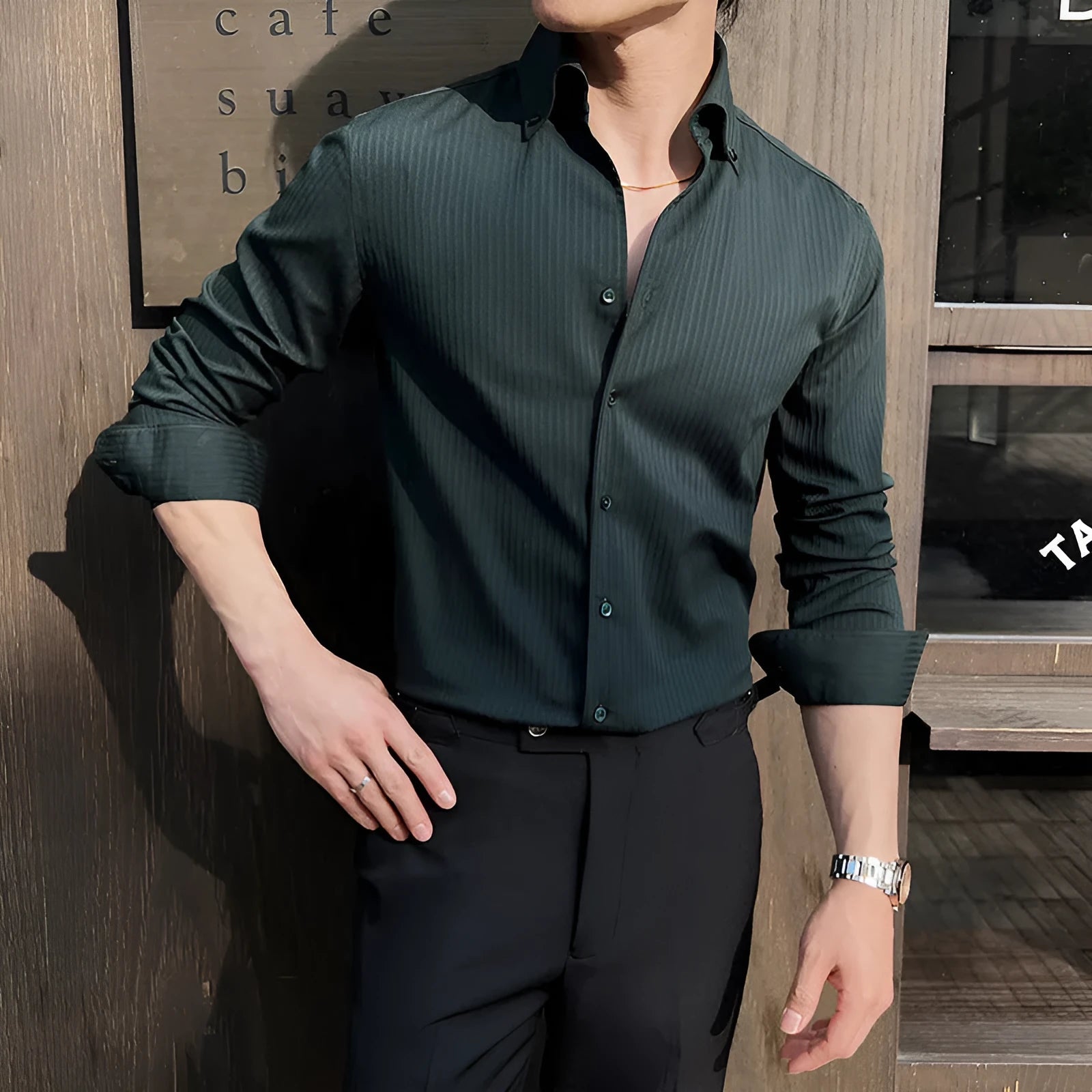 Men's dark stripes V-neck long sleeve shirt in black brown green white casual cardigan style