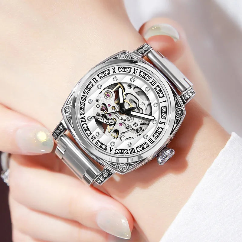 Men's mechanical watch with luminous hands on a leather strap, shown in black, red, steel, and white colour options.