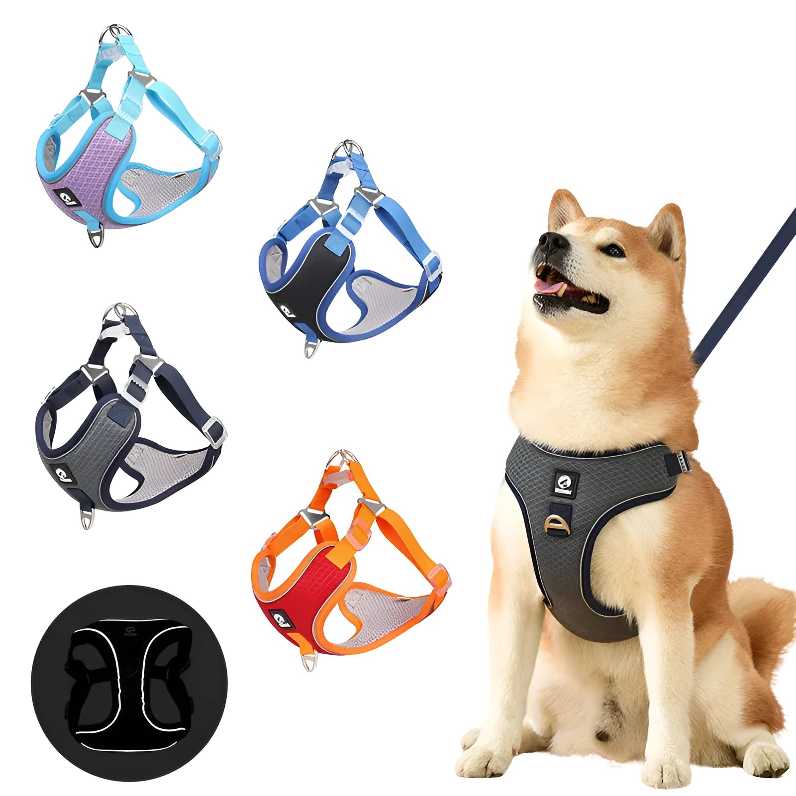 Adjustable reflective dog harness for small medium dogs in breathable polyester mesh