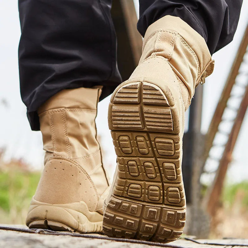 Yulong tactical desert combat boots in black and sand colour on a white background.