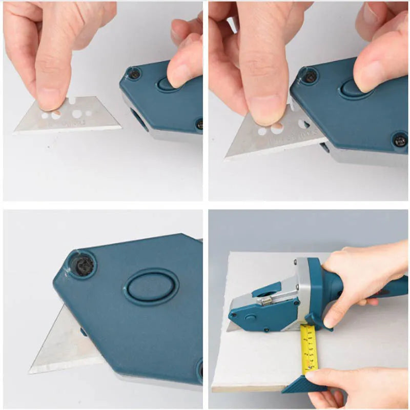 Blue aluminium alloy and plastic woodworking cutter with a built-in tape measure and safety blade.