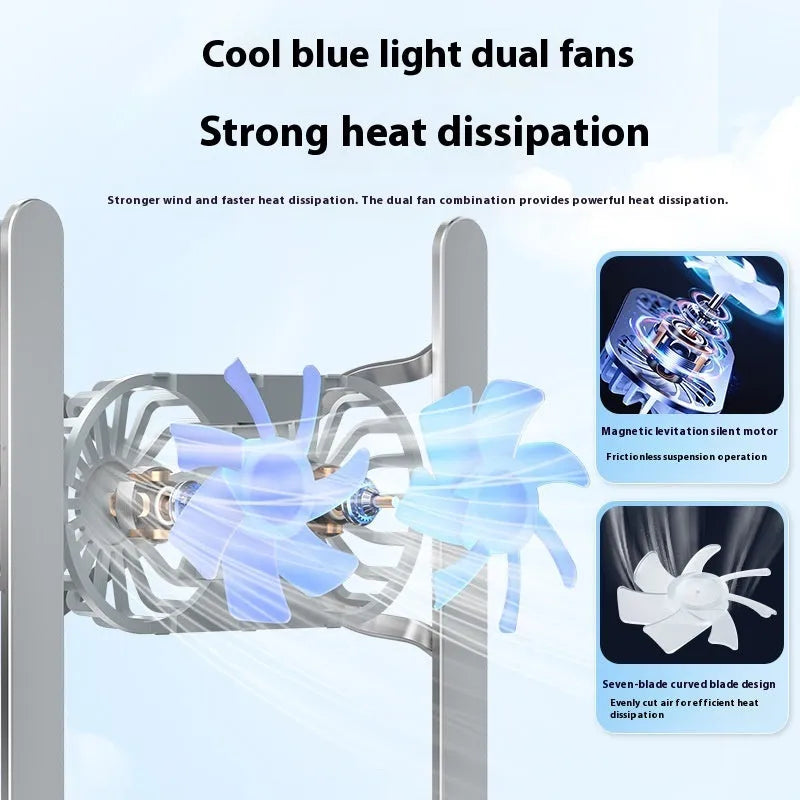 Silver aluminium laptop cooling stand with twin fans in folded position beside laptop
