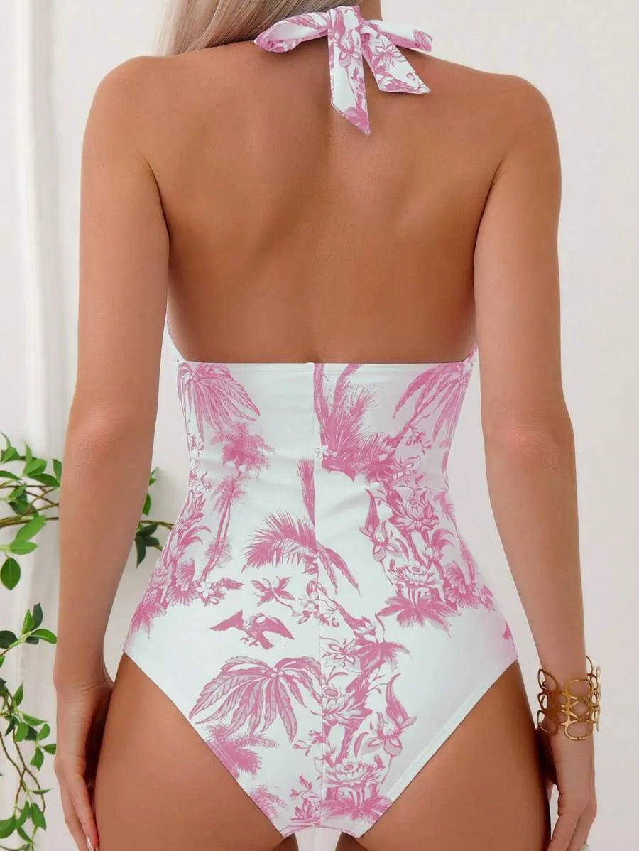 Women's printed V-neck one-piece swimsuit in polyester with lining