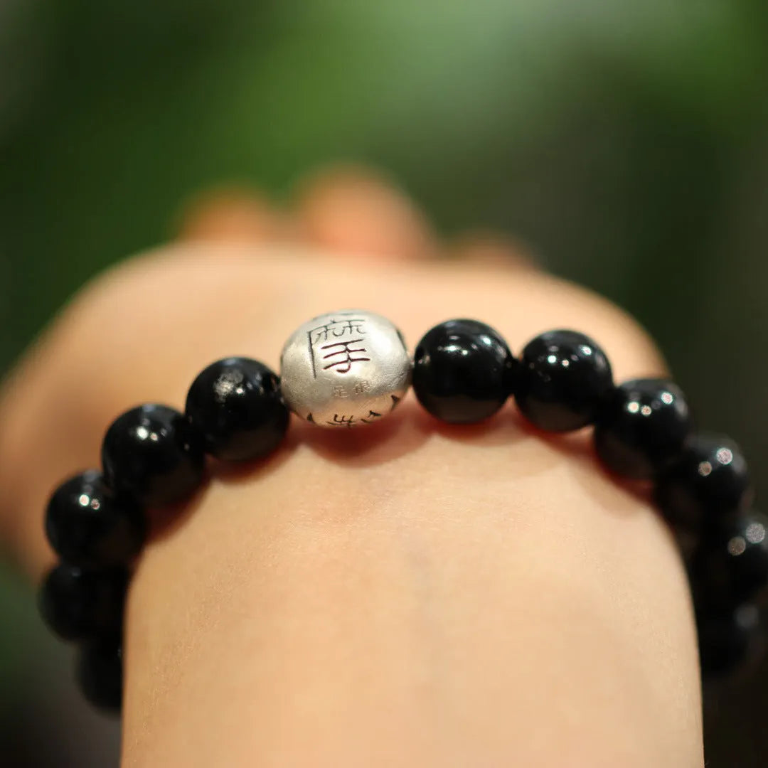 Black agate bracelet with 10mm beads on sterling silver in Chinese style