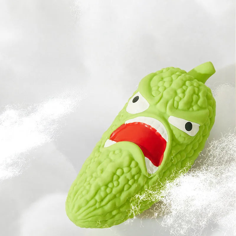 Bitter melon or chili shaped dog chew toy with textured surface for teeth cleaning and pet sound.