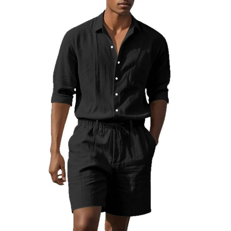 Men's linen beach suit set showing long sleeve shirt and matching shorts in light blue colour