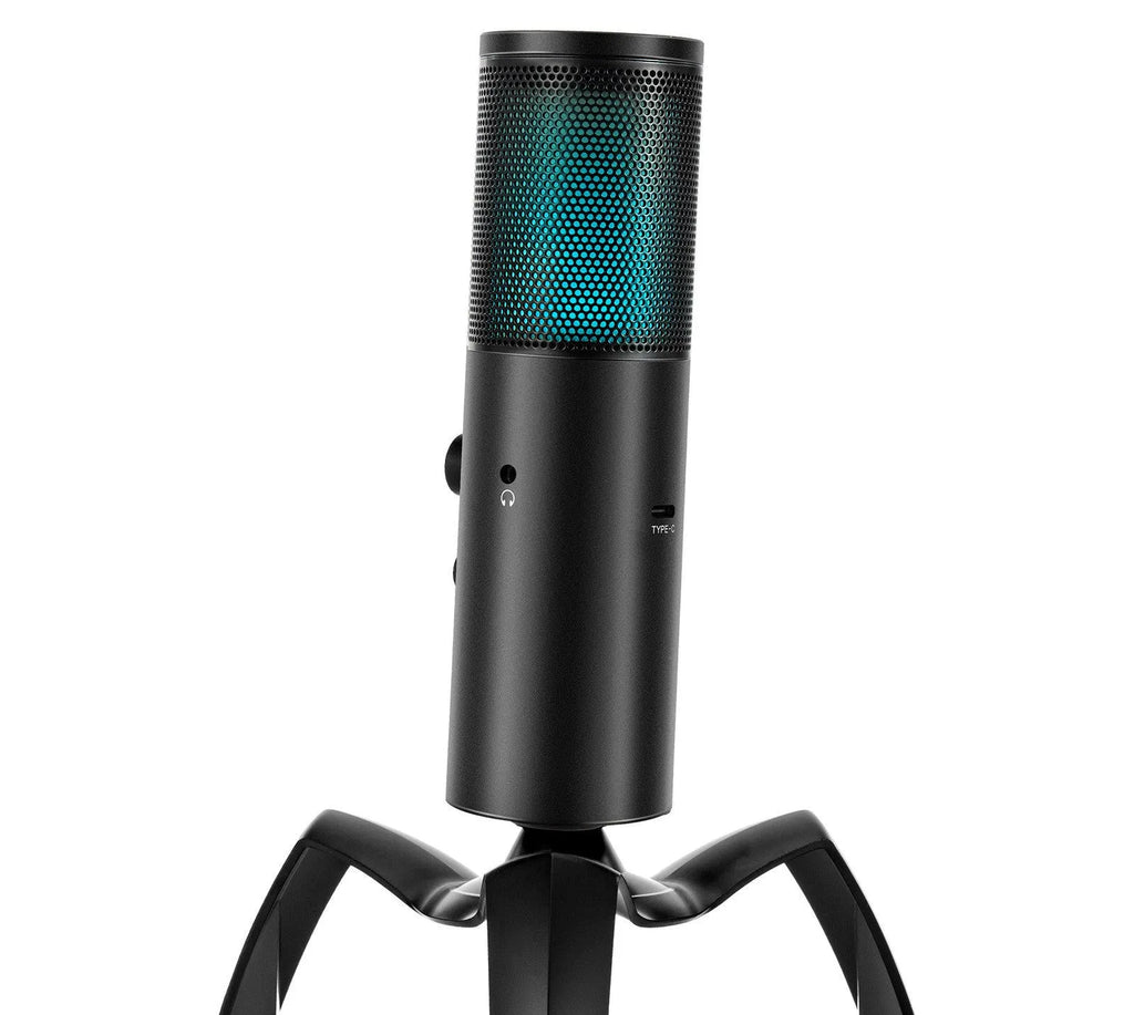 Black Q18 USB condenser microphone with RGB lights on adjustable metal tripod stand