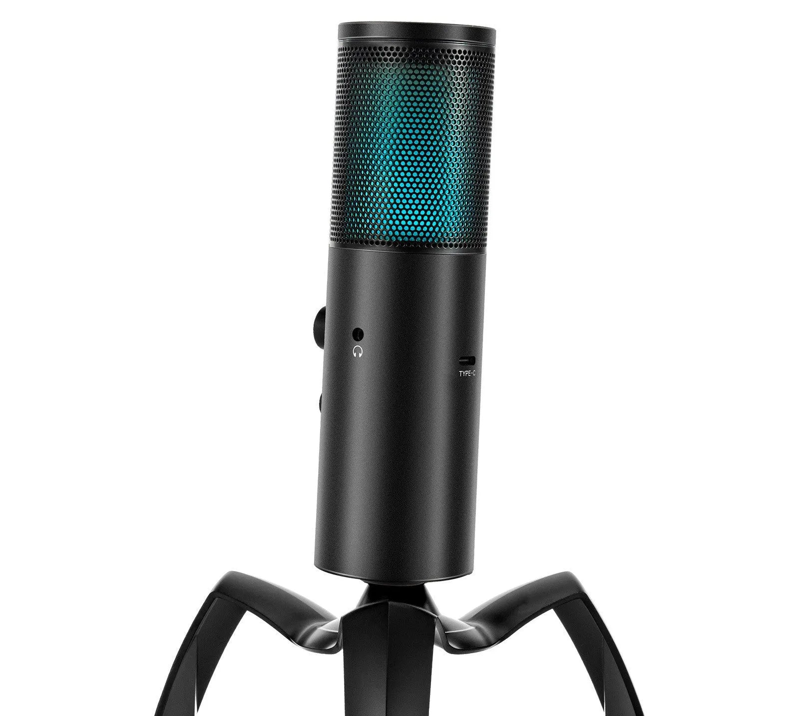 Black Q18 USB condenser microphone with RGB lights on adjustable metal tripod stand